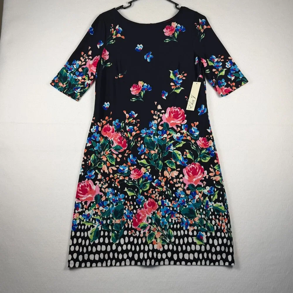 Eliza J Size 8 NWT Floral Polka Dot Shift Dress Navy Pink Blue Knee Length - Picture 3 of 10